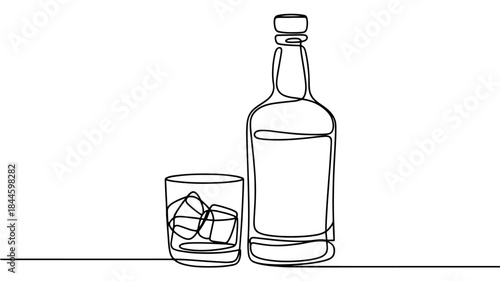  a minimalist, continuous line drawing of a whiskey bottle and a glass with ice.