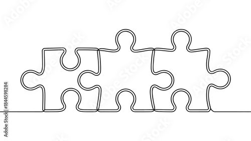 The image is a minimalist, continuous line drawing of three connected jigsaw puzzle pieces. The illustration features a single, unbroken black line that outlines all three interlocking elements 