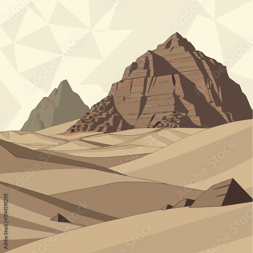 Geometric stylized illustration of ancient egyptian pyramids rising from undulating sand dunes under a pale sky with abstract triangular patterns