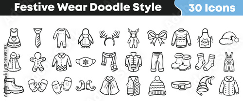 Collection of thirty hand drawn festive wear icons in a simple doodle style perfect for holiday design projects and seasonal graphics on transparent background
