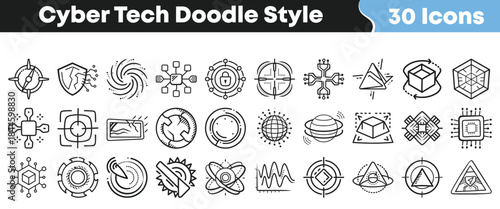 Collection of thirty hand drawn cyber technology and digital security concept icons presented in a unique doodle art style for modern interface design on transparent background