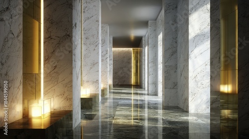 Modern Marble Hallway with Illuminated Walls and Elegant Design