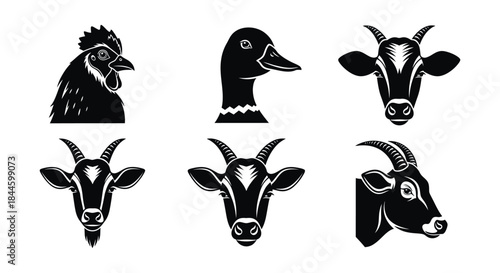 Farm Animal Heads Collection Rooster, Duck, Cow, Goat, and Ram Icons
