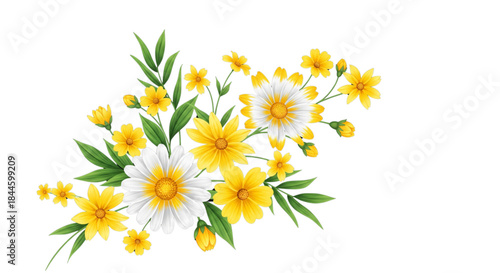 Cheerful Springtime Floral Bouquet of Yellow and White Daisies Watercolor Illustration for Web Design