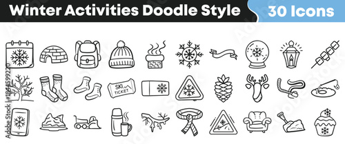 Collection of thirty charming hand drawn doodle style icons representing various winter activities and seasonal elements perfect for holiday design projects on transparent background