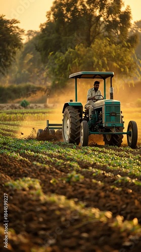 Farmer Operating Tractor in Golden Field at Sunset vertical video