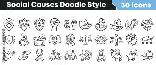 Collection of thirty hand drawn doodle style icons representing diverse social causes including environment disability finance and human rights advocacy on transparent background