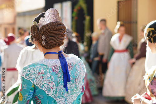 Canvas Print hairstyle, headdress and typical accessories of the fallera dress in valencia, spain