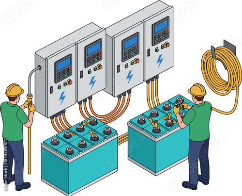 Industrial electricians installing battery energy storage system with inverters, control panels, and safety equipment in modern power facility