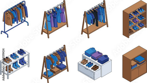 Isometric clothing racks and shoe shelves set for retail store display, wardrobe organization, fashion merchandising illustration concept vector