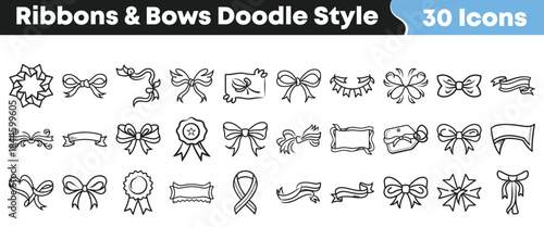 Collection of thirty hand drawn black and white doodle style icons featuring various ribbons bows rosettes and banner shapes for design on transparent background