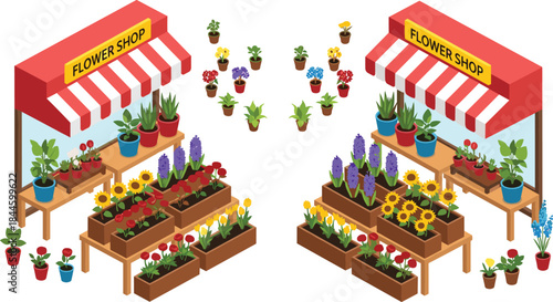 Isometric flower shop market with colorful plants, potted flowers, and floral displays for retail gardening illustration concept design