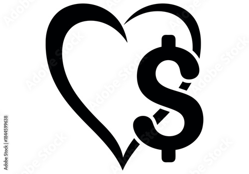 Black heart with a dollar sign on the right side of the heart as a business idea