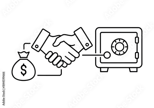 Business finance agreement icon set. handshake deal money bag and safe thin line concept
