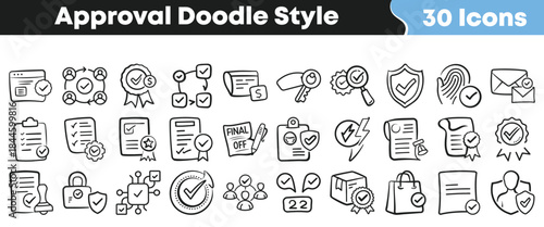 Collection of thirty hand drawn doodle style icons representing various concepts of approval verification security quality and successful completion of tasks on transparent background