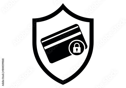 Credit card with padlock icon on shield representing secure online payments and data protection