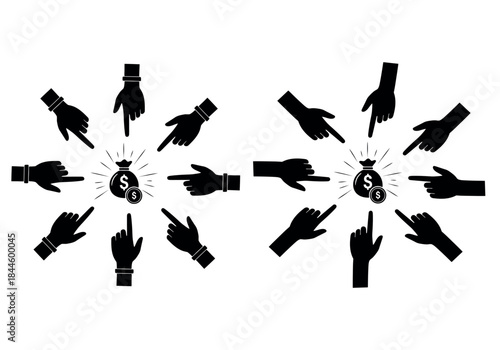 Hands pointing to money bag with dollar sign vector illustration set