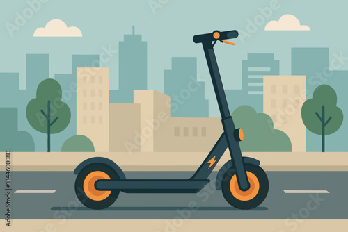 Modern Electric Scooter Parked on a City Street with Urban Skyline Background and Green Trees Under a Cloudy Sky