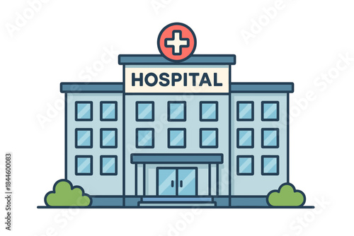 Modern Blue Hospital Building Exterior With Red Cross Symbol And Green Bushes In Front Under Natural Lighting With A Flat Design Style