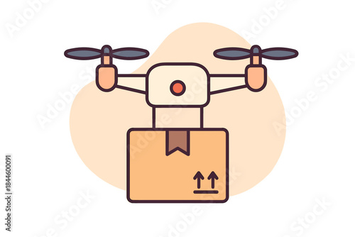 Modern Drone Delivering a Cardboard Box Package with Shipping Symbols on a Soft Orange Background with Abstract Shapes and Minimalist Design