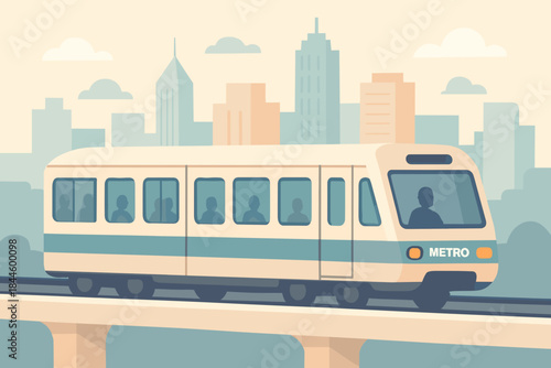 Modern Metro Train Traveling on Elevated Track Through Cityscape with Skyline and Soft Clouds at Golden Hour