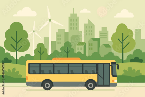 Modern Yellow Public Transportation Bus Driving Through a Green City Landscape with Wind Turbines and Trees Under a Bright Sunny Sky