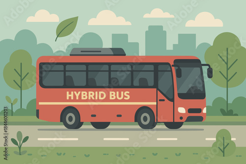 Red Hybrid Bus Driving on a Road Through a Green Park with Trees and City Buildings in the Background on a Cloudy Day