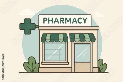 Simple flat illustration of a pharmacy building with a green cross sign and awnings in a pastel color palette featuring a clean modern design suitable for healthcare themes