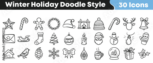 Collection of thirty charming hand drawn winter holiday doodle style icons perfect for festive seasonal design projects and decorations on transparent background