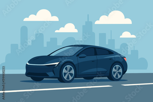 Sleek Dark Blue Electric Sedan Driving on a Road with a Blurred City Skyline and Clouds in the Background Under a Bright Sky