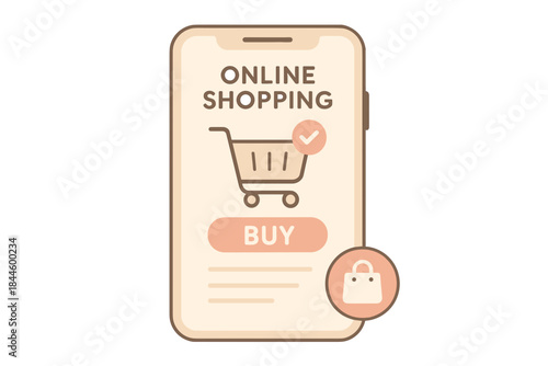 Smartphone Screen Displays Online Shopping Interface Featuring Shopping Cart Icon And Buy Button With Lock Symbol Representing Secure Transactions In A Minimalist Design With Peach And Beige Tones
