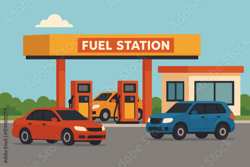 Two Cars At A Bright Orange Fuel Station Under A Blue Sky With Green Trees And A White Cloud In The Background With Buildings And Gas Pumps Visible On A Sunny Day