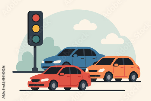 Traffic Jam Scene With Cars Waiting At A Traffic Light On A Cloudy Day Featuring Red Orange And Blue Vehicles In A City Street