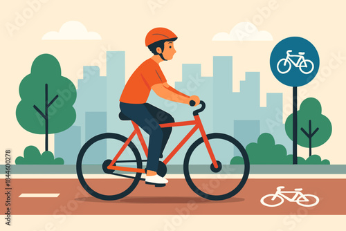 Urban Cyclist Riding a Bicycle on a Dedicated Bike Lane Through a City Landscape with Trees and Buildings Under a Cloudy Sky