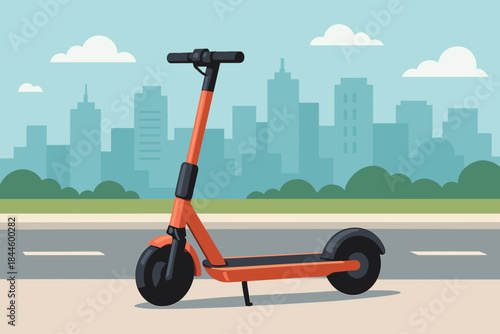 Vibrant Orange Electric Scooter Parked on a City Sidewalk with a Distant Skyline Under a Cloudy Blue Sky