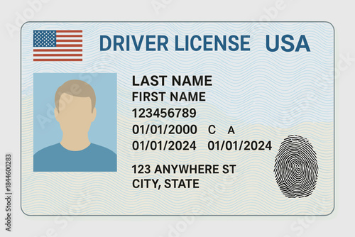 United States Driver License Identification Card With Photo Name Address And Barcode On A White Background Template