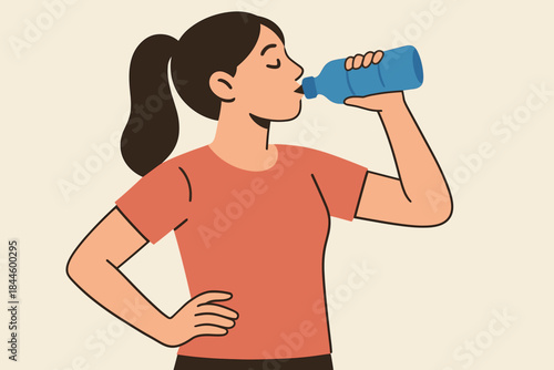 Woman in orange t-shirt drinking water from a blue bottle while standing with her hand on her hip on a cream background with a slight pixelated effect suggesting a digital illustration
