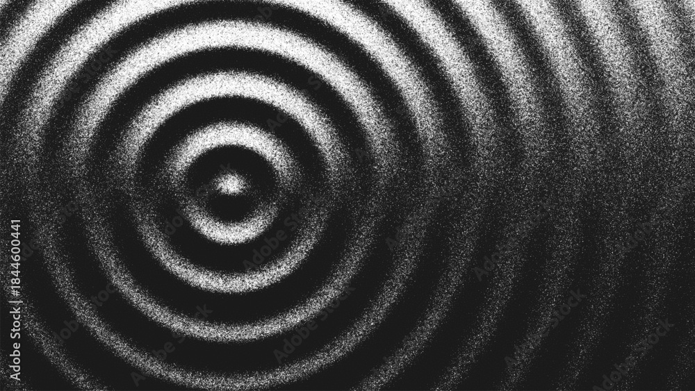 Obraz premium Stippling artwork with concentric circles geometry expand in rhythmic harmony. Ripple pattern made from countless dots creating illusion of light and shadow. Dynamic illusion of sound waves. Vector