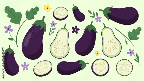 Stylized illustration of eggplants with leafy accents and floral elements