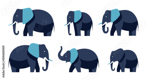 Collection of stylized, cartoonish elephants depicted in various poses and facing different directions, showcasing a delightful and artistic representation
