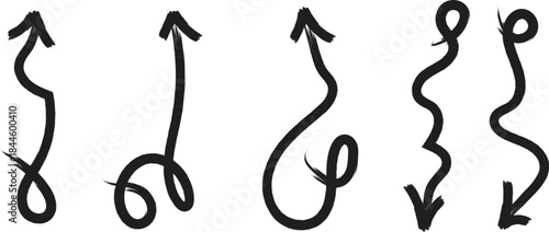 A collection of four hand drawn arrows with varying squiggly paths and directions