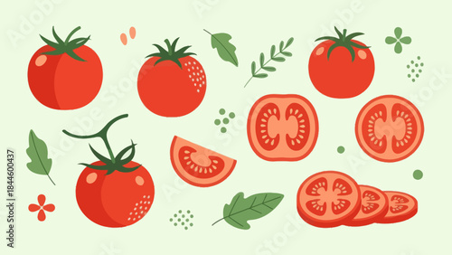 Fresh and Juicy Tomato Illustrations with Variations and Green Leaves