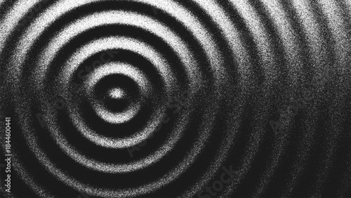 Stippling artwork with concentric circles geometry expand in rhythmic harmony. Ripple pattern made from countless dots creating illusion of light and shadow. Dynamic illusion of sound waves. Vector
