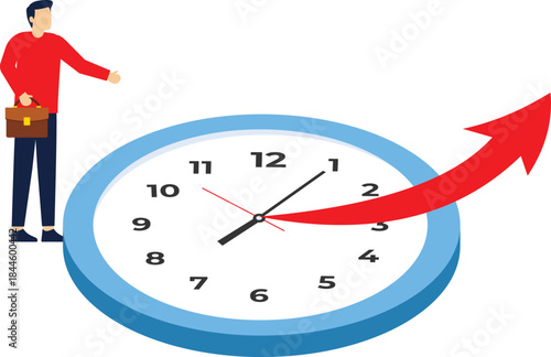 business schedule outline. Financial and economic growth. Statistics and sales analysis concept. man holding growing stat data blue arrow. Man runs for time. Time management. Vector illustration.

