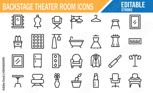 Backstage theater room line icon set with editable stroke, including mirrors, dressing table, chair, costumes, clothing rack, and makeup accessories.