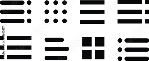 menu icon set. Website navigation symbol. Hamburger web. List menu sign.  App burger icons. three horizontal bars. Squares dots and ellipsis
