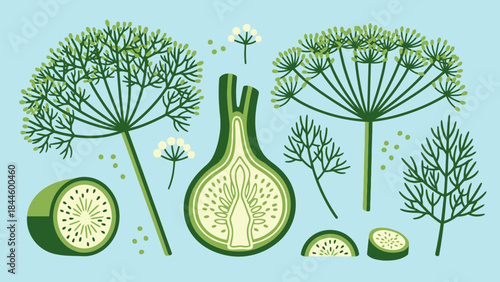 Fresh and Vibrant Illustration of Fennel and Cucumber with Botanical Elements