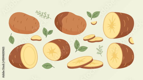 Illustration of Sweet Potatoes with Slices and Green Foliage on Light Background