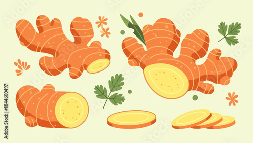 Fresh turmeric root slices and whole roots with leaves and spices for healthy