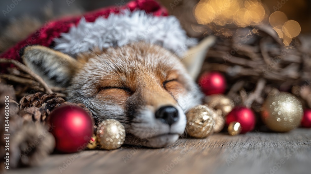 Naklejka premium Fox wearing a red hat resting among holiday decorations and ornaments
